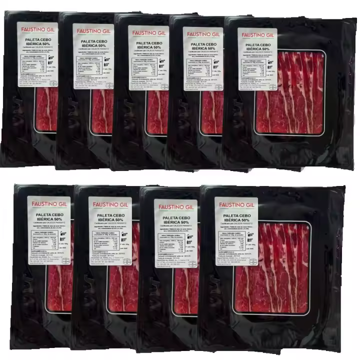 PALETA IBERICA CEBO 50% RAZA IBERICA LONCHEADA -9 Sobres de 100G - Elaboración tradicional - Ibéricos Faustino Gil - - 1