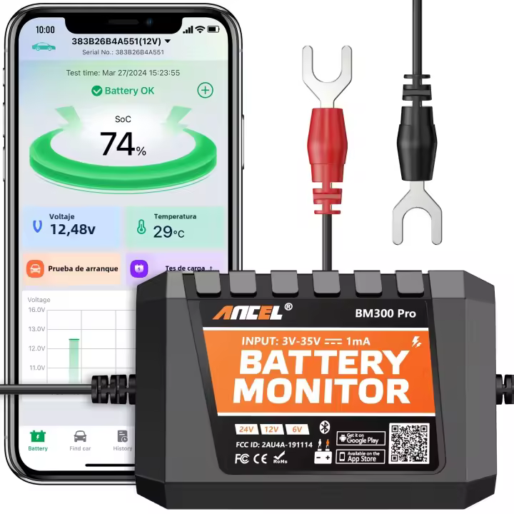 ANCEL BM300 pro Monitor De Batería Bluetooth 6V 12V 24V Analizador De Salud De La Batería Test De Sistema De Carga Y Arranque Con Alarma Herramienta De Diagnóstico Para Coches - 1