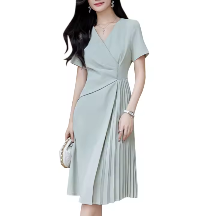 Vestido Midi Elegante De Verano Para Mujer ZANZEA Con Cuello V Y Manga Corta Vestido De Fiesta Trabajo OL Vestido De Seda Pleated - 1
