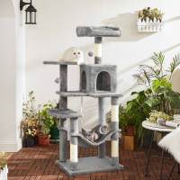 Árbol para gatos de 143 cm, torre con rascadores, plataformas, cueva, hamaca, pompones y tela de felpa en varios colores, multinivel para el entretenimiento felino - details 5
