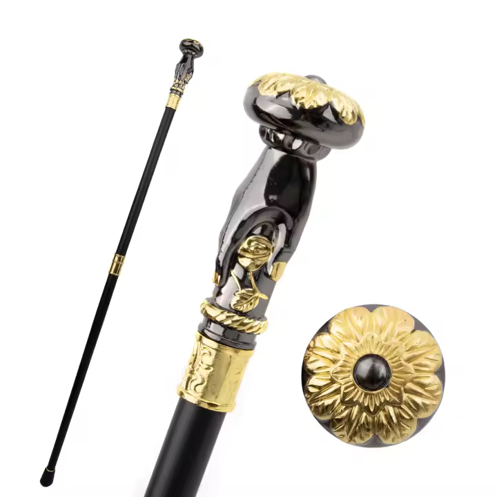 Bastón De Moda Dorado Y Negro Con Flor De Mano Elegante Decorativo Para Fiesta Cabeza De Cruz De 93cm Con Suela De Goma - 1