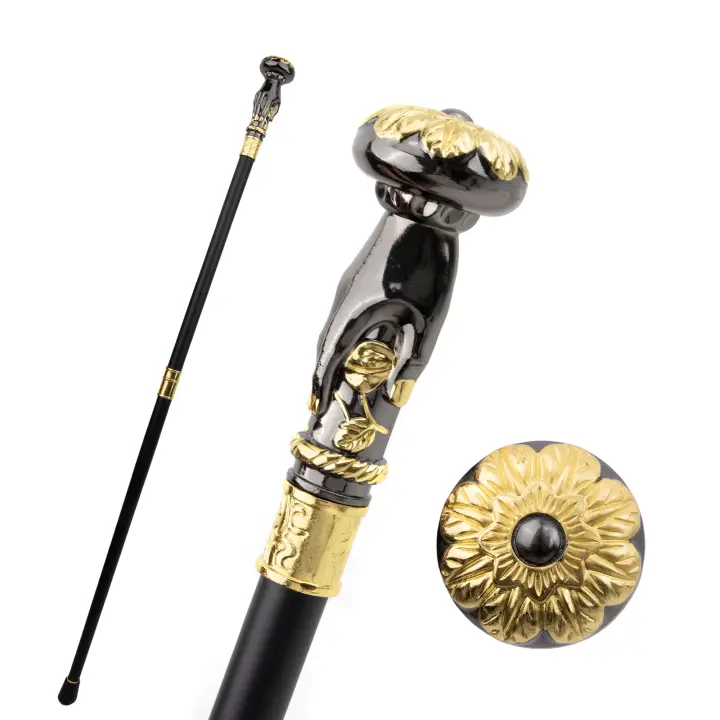 Bastón De Moda Dorado Y Negro Con Flor De Mano Elegante Decorativo Para Fiesta Cabeza De Cruz De 93cm Con Suela De Goma - 1