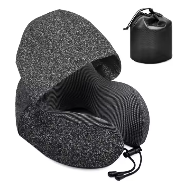 Cojín De Viaje Multifuncional Con Capucha U-Shaped Almohada De Cuello Para Dormir En Avión Negro Y Gris Tamaño Aproximado 32x32x12cm - 1