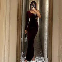 Vestido Dulzura De Veludo Largo Con Manga Completa Y Hombro Descubierto Para Mujer Elegante Y Sexy Con Abertura Lateral Adecuado Para Fiestas Y Noches De Otoño Y Invierno - details 2