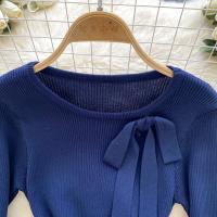 Vestido Corto Tejido Y2K Para Mujer Con Botones Cuello En V Diseño De Corbata Slim Para Oficina Estilo Chic Temporada Otoño - details 12