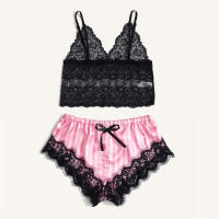 Conjunto De Pijama De Satén Para Mujer 4pcs Con Encaje Floral Camiseta Lencería De Dormir Y Bolero Pantalones Cortos Loungewear Rosa - details 4