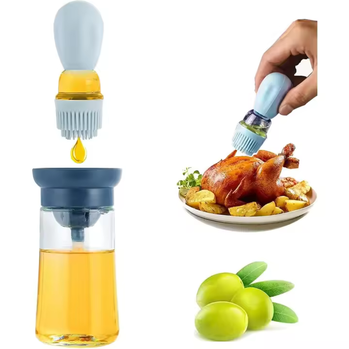 Dispensador de aceite, 180ml con cepillo botella de aceite portátil, para freidora de aire cocina ensalada hornear barbacoa, botellas de aceite para cocina (azul) - 1