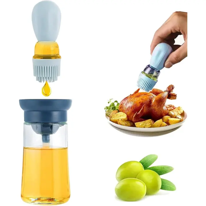Dispensador de aceite, 180ml con cepillo botella de aceite portátil, para freidora de aire cocina ensalada hornear barbacoa, botellas de aceite para cocina (azul) - 1