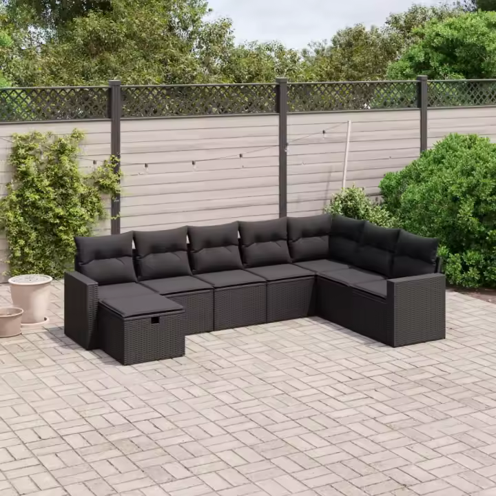 vidaXL Set de sofás de jardín 8 piezas y cojines ratán sintético negro - 1