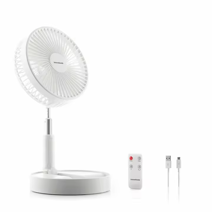 InnovaGoods® Ventilador de Pie Portátil, 7200mAh Recargable USB Ventilador Plegable con Mando, 4 Ajustes de Velocidad del Ventilador para Dormitorio, Oficina, Camping, Viajes. Color Blanco Ø7,7'' - 1