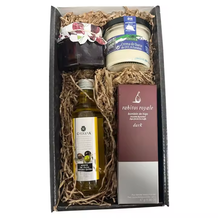 Cesta regalo Deliex con aceite, bombones higo, mermelada melocotón y tarro de queso - 1