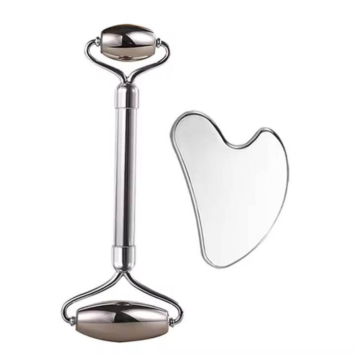 2pcs Herramienta De Cuidado De La Piel Y Belleza Con Masajeador De Doble Rodillo En Acero Inoxidable Forma De Corazón Para Rostro Y Ojos - 1