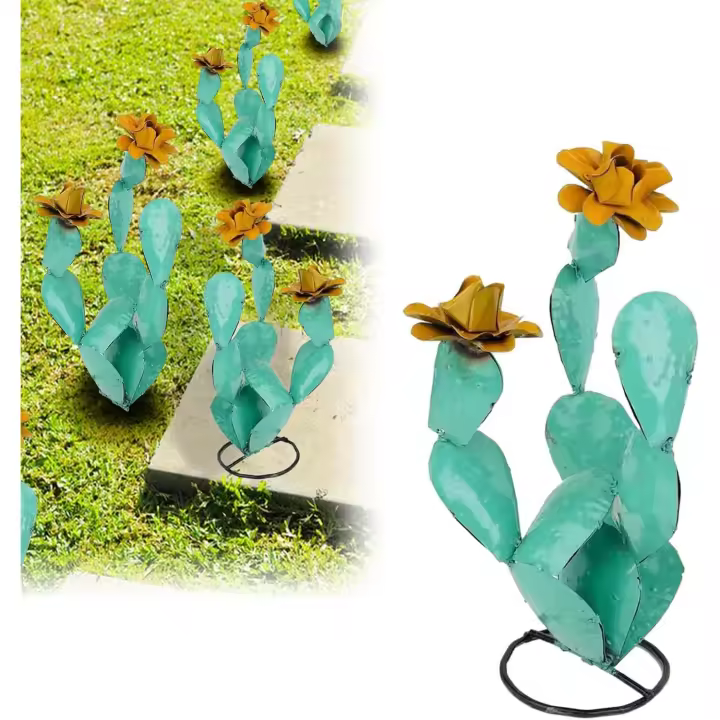 Cactus de metal para decoración de exteriores - Cactus de metal para jardín - Estatua de plantas desérticas para exteriores - Escultura rústica de cactus artificial hecha a mano para jardín, césped, patio, balcón, decoración de patio trasero (verde) - 1