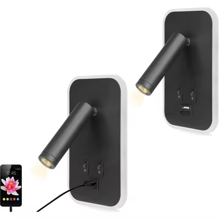 2pcs Lámpara de Pared LED, Luz de Lectura Junto a la Cama, Aplique de Pared Cabecera Ajustable, con Puerto de Carga USB e Interruptor, Luces de Pared de Pasillo (Negro) - 1