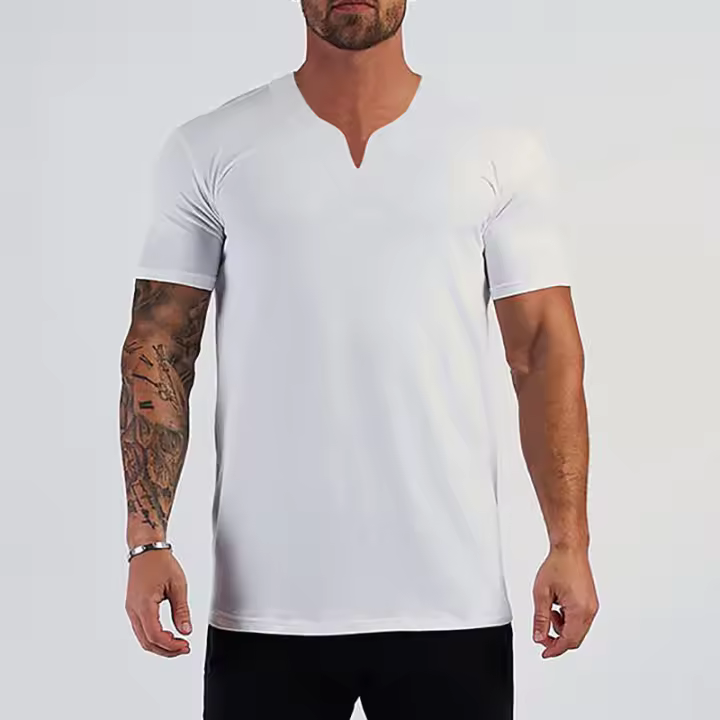 Men Casual V-neck Short Sleeve T-shirt Summer Fashion Breathable Sweat-absorb Cotton Shirt Gym Fitness Tops Hip Hop Streetwear - 1