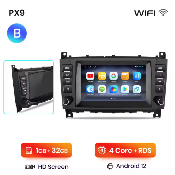 AWESAFE inalámbrico CarPlay Android Auto Radio para Mercedes Benz clase Mercedes Benz W203 CLK C209 W209 coche reproductor multimedia GPS 2 din autoradio volante controles RDS Bluetooth - 1