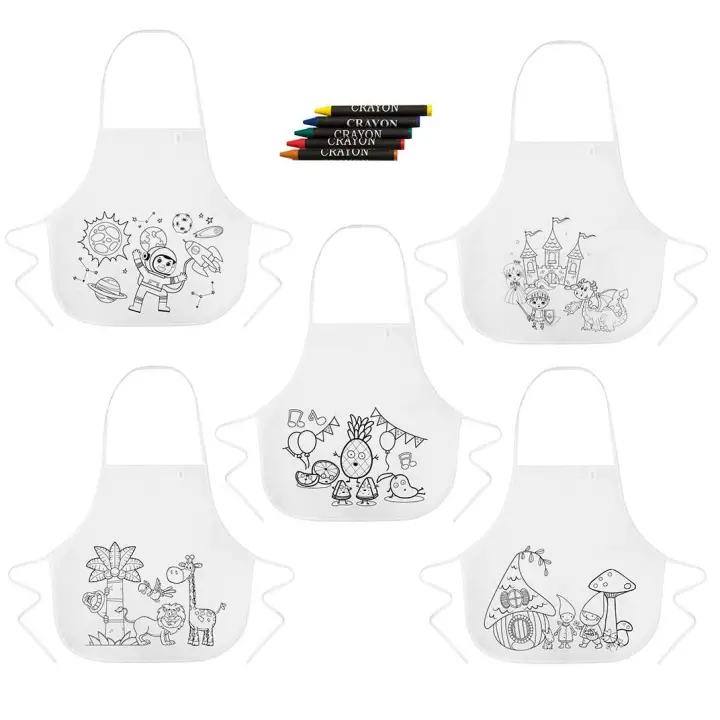 Delantales infantiles para Colorear con 5 Ceras Dibujos Infantiles. Con 5 divertidos diseños. Un original regalo para dar como detalle a niños y niñas en fiestas de cumpleaños, carnaval, colegios, guarderías y eventos infantiles. - 1