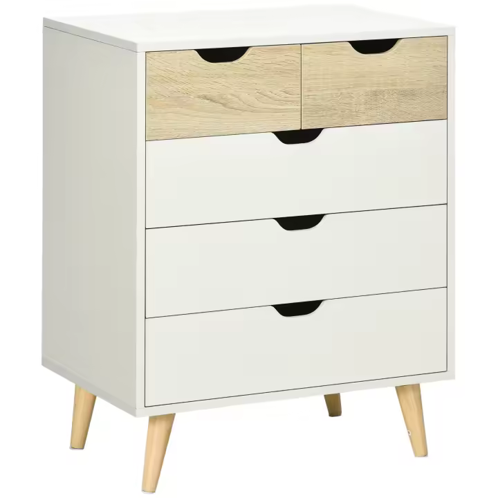 HOMCOM Cómoda con 5 Cajones Cajonera de Armario con Patas Elevadas para Dormitorio Salón Estudio Estilo Moderno Antivuelco 60x40x77,5 cm Natural y Blanco - 1