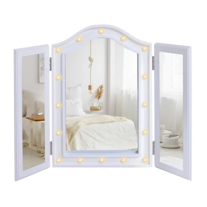 HOMCOM Espejo de Maquillaje con Luz LED Plegable Espejo Triple de Mesa Regalo Original para Mujer Cargo con Batería Espejo Cosmético con Iluminación 73x53.5x4.5cm - 1