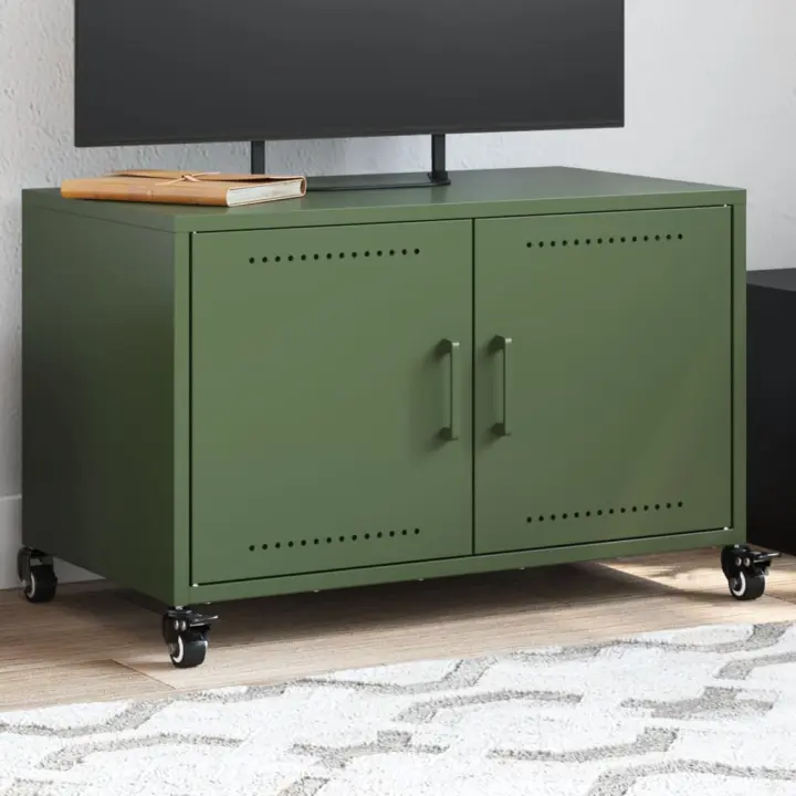 vidaXL Mueble de TV de acero oliva 68x39x43,5 cm en color Verde/Antracita/Rosa y más | almacenamiento funcional diseño moderno para baño dormitorio sala - 1