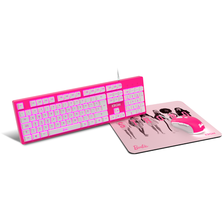 KROM Kit teclado, ratón y alfombrilla edición Barbie KANDY - Teclado membrana, Ratón 6400 DPI, Alfombrilla de goma, rosa