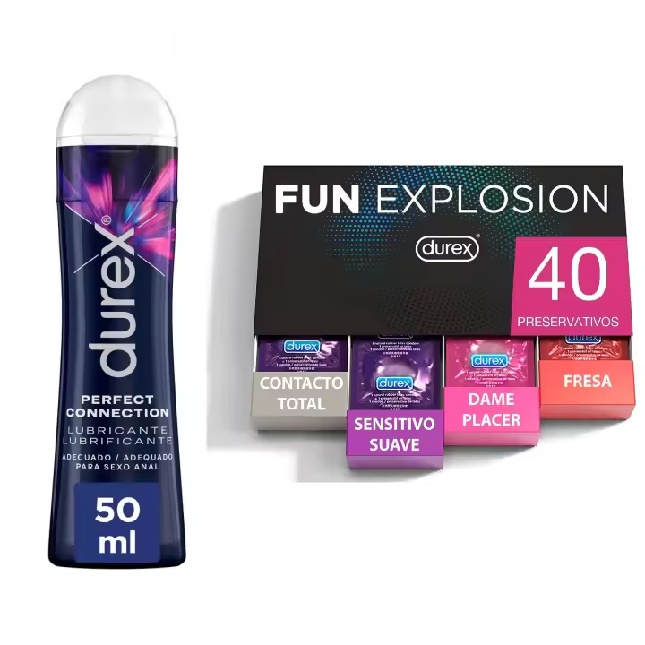 Durex - Lote Fun Explosion, Pack 40 Preservativos + Lubricante Perfect Connection 50 ml, Dulce y Placentero, Sexo Seguro - 1