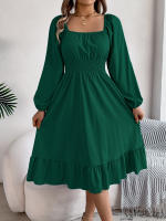 Vestido A-Line De Mujer Elegante Otoño Invierno Color Sólido Cuello Cuadrado Manga Larga Volantes Vestido Midi Casual Polyester Spandex - details 27