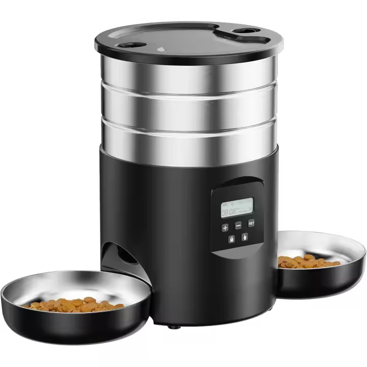 Alimentador automático para gatos Cuencos dobles: Dispensador de comida para gatos de acero inoxidable-Alimentador para perros de 5l con temporizador programable para interiores-Dispensador de comida para mascotas pequeñas/Medianas - 1