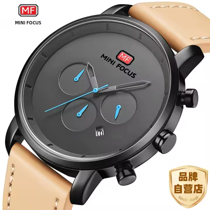 Reloj De Hombre MINI FOCUS Simple Gran Dial Multi-Función Movimiento Calendario Impermeable Correa De Cuero Negro Gris Café - 1