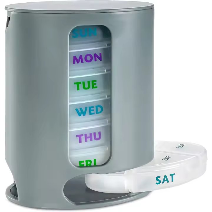 MEDca Pastillero semanal, 1 dispensador, 7 compartimentos apilables con 4 secciones: mañana, mediodía, noche, hora de dormir, gris. - 1