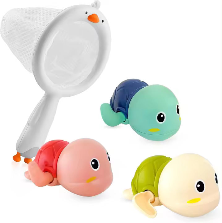Juguetes de baño para niños pequeños, 3 juguetes de baño para nadar, tortugas y 1 red de pesca, juguetes flotantes para bañera o piscina contra el viento para niños pequeños, niños o niñas de 2 años en adelante - 1