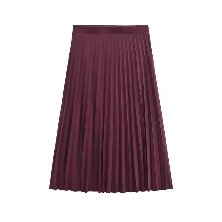 Falda midi plisada de cintura alta color vino tinto para mujer, elegante para oficina. - 1