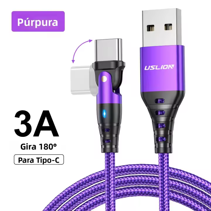 Cable Type C Rojo USLION 180 Grados Rotación 3A Carga Rápida Para Samsung Xiaomi Cable De Datos USB C Adaptador Cargador - 1