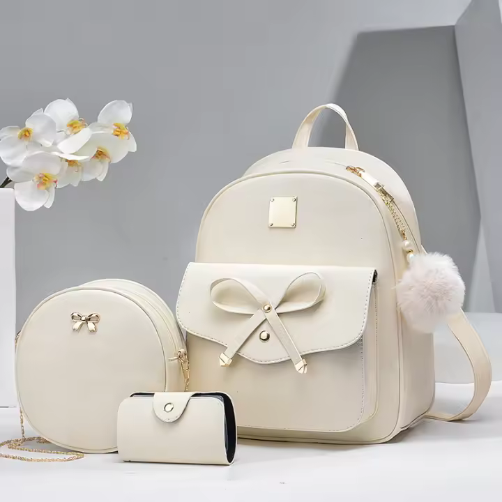 Mochila De Cuero Sintético Rayada Kawaii 3pcs/set Cierre De Cremallera Preppy Estilo Universitario Para Mujer Viajes Casuales Comunicación Diaria - 1