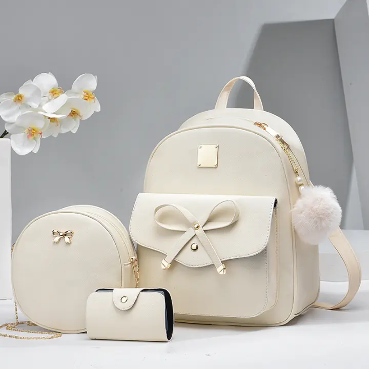 Mochila De Cuero Sintético Rayada Kawaii 3pcs/set Cierre De Cremallera Preppy Estilo Universitario Para Mujer Viajes Casuales Comunicación Diaria - 1