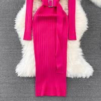Vestido Maxi De Cuello Alto Para Mujer YuooMuoo 2024 Otoño Invierno Elegante Ajustado Con Cinturón Estilo Bodycon Tejido Ribbed Suave Y Elástico - details 14