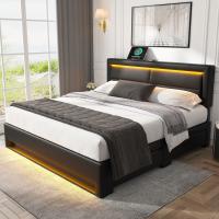 [Selección de Hogar🎁] Cama Tapizada 140x200 cm Negro - Patrón Lichi PU | Carga Eléctrica + USB, Iluminación LED Y 4 Cajones de Almacenamiento (Sin Colchón) - details 0