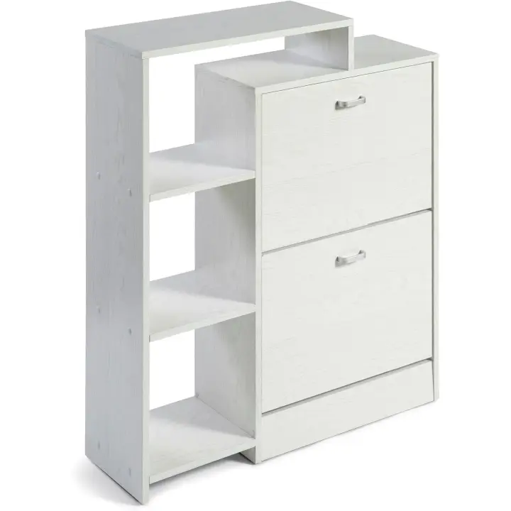 Zapatero con Estantería | 2 Puertas Oscilantes | 4 Baldas para 20 Zapatos | Diseño Minimalista | Madera Aglomerado | Blanco | 2 Cajones - 1
