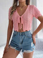 Cardigan De Punto Para Mujer Verano Otoño Ligero De Visón Manga Corta Cuello Redondo Estilo Casual Color Sólido Con Agujeros - details 6