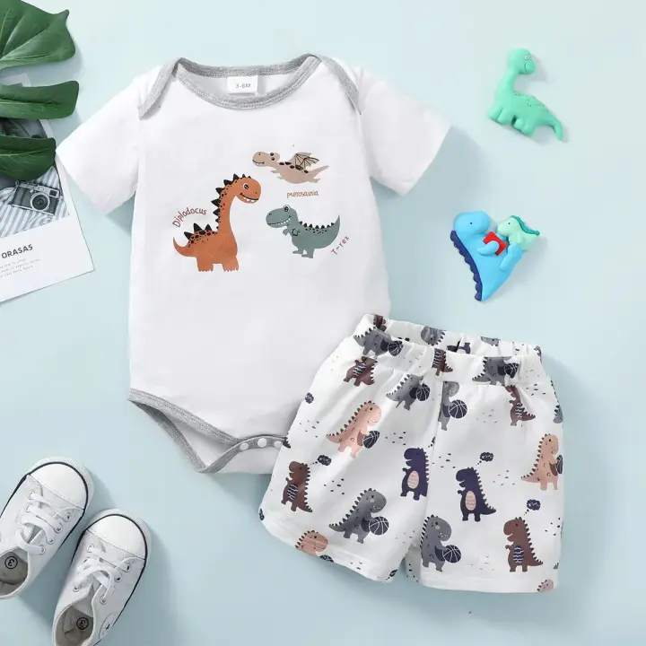 Conjunto De Verano Para Niño 0-24 Més 2PCS Short Camiseta Con Dinosaurio + Shorts Estilo Casual Suave Y Cómode Para Recientos Nacidos - 1