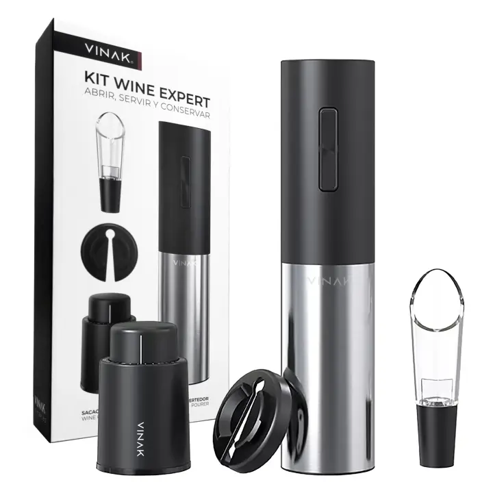Set de vino - KIT Wine Expert VINAK - Sacacorchos eléctrico recargable en acero inoxidable + tapón de vino de vacío + vertedor de vino y cortacápsulas  Diseño moderno  Abrebotellas sin esfuerzo - 1