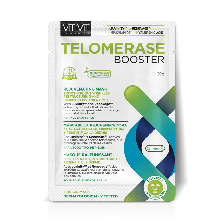 Mascarilla Facial Rejuvenecedora Telomerasa con Ácido Hialurónico y Niacinamida. Mascarilla Facial Hidratante para Pieles Maduras. Alisa las arrugas, reestructura y redensifica la piel, prolonga la vida de las células  Telomerase  Vit Vit Cosmetics