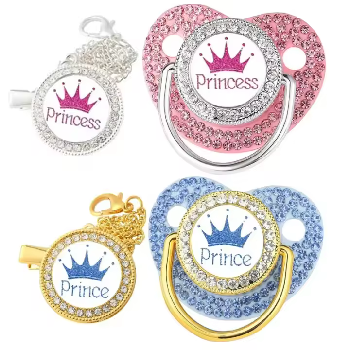 Cadena De Chupete De Lujo Con Rhinestones Para Bebé Corona De Princesa Y Príncipe Colgantes De Silicona Para Recién Nacidos Regalo Para Baño - 1