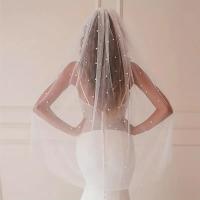 Velo De Novia Romántico Con Perlas Y Lentejuelas De Tulle Suave Monedero De Boda Un Capa Para Mujeres Con Peine - details 3