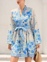 Vestido Elegante Para Mujer Con Manga Larga Y Cuello En V Estampado Con Cierre De Lazo Vestido Corto De Verano A-Line Regular Fit Polyester - details 11
