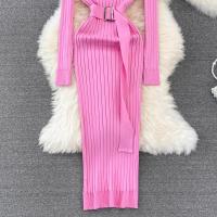 Vestido Maxi De Cuello Alto Para Mujer YuooMuoo 2024 Otoño Invierno Elegante Ajustado Con Cinturón Estilo Bodycon Tejido Ribbed Suave Y Elástico - details 11