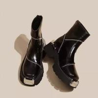 Botas Cortas De Terciopelo Para Mujer Invierno Con Tacón Cuadrado Y Suela Gruesa Zapatos Confortables Y Moda Tobilleras Cálidas Y Elegantes - details 6