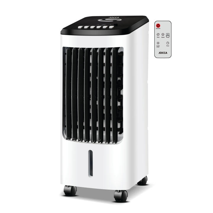 Ventilador enfriador portátil JOCCA 3 en 1 con mando, ionizador, temporizador 7h, 3 velocidades, oscilación 120°, depósito 3L, silencioso y eficiente 80W, ideal para hogar u oficina