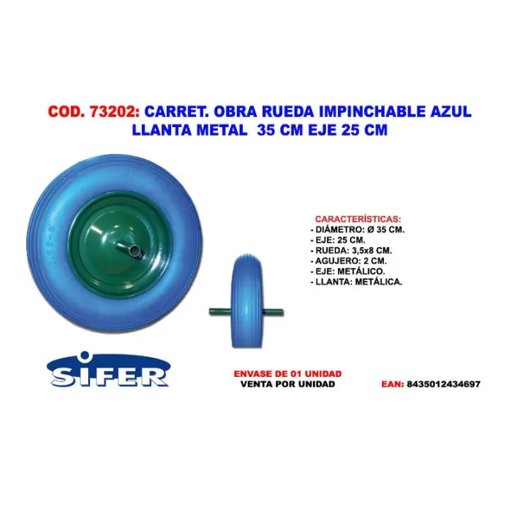 Sifer rueda carret.obra impin azul llanta metal  35 cm eje 25 cm - 1