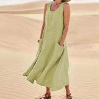 Vestido Sin Mangas De Algodón Y Lino Para Mujer Vestido De Verano Casual Cuello En V Largo Hasta La Rodilla Con Bolsillos - details 1